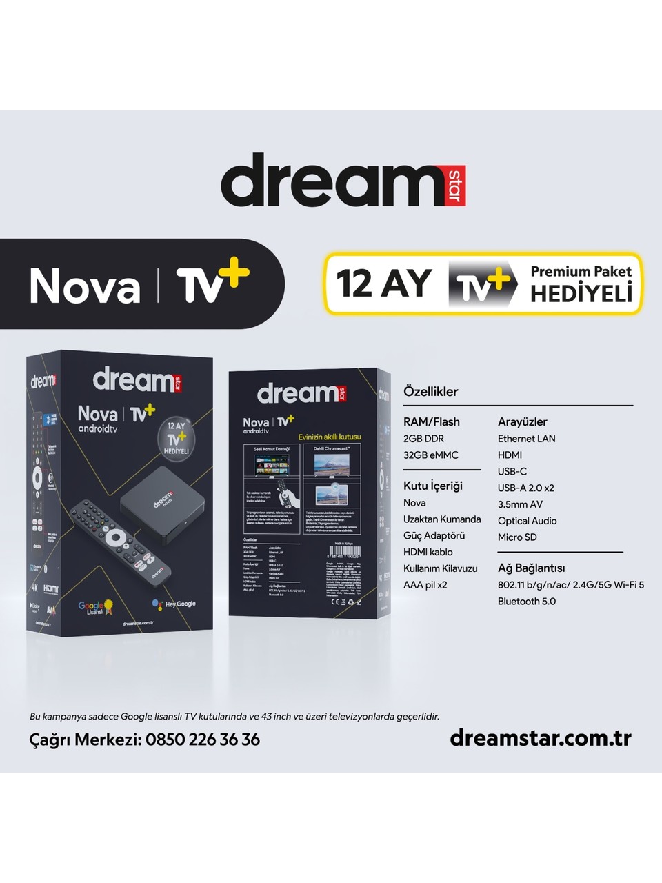 Dreamstar Nova | TV+ (12 Ay Premium Üyelik Hediyeli) 4K Lisansli Android TV Box | 2GB Ram | 32GB Hafıza